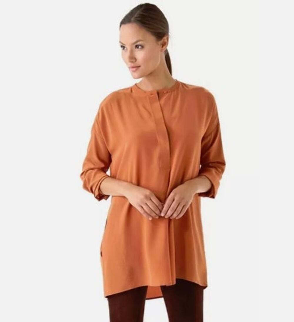 VINCE Oversized 100% Silk Gingersnap V-neck Blouse Small Tunic Top Fall Orange
